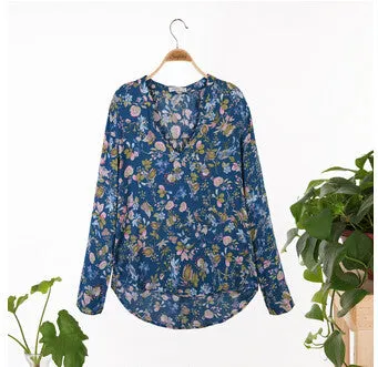 Fashion Women Elegant vintage Long Sleeve V-neck Floral Print Blouses OL Shirts Casual Women Blouse Tops