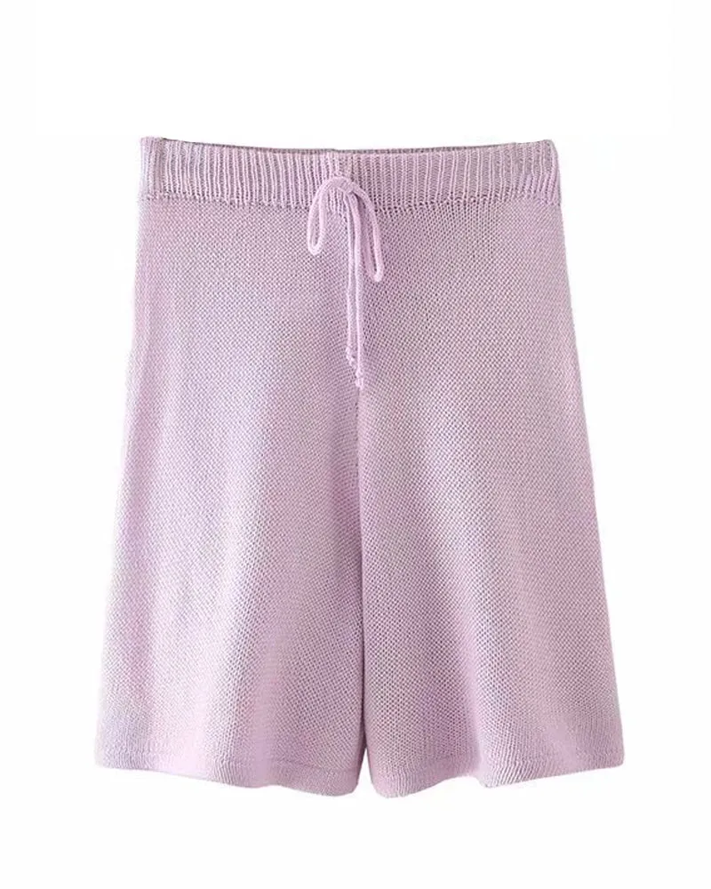 Flared Sleeves Tie Knitting Tops Shorts Two-piece Set