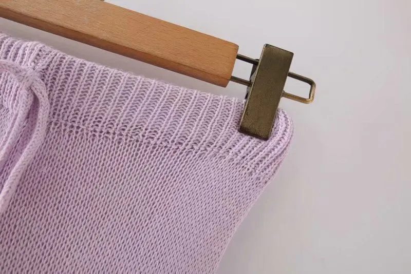 Flared Sleeves Tie Knitting Tops Shorts Two-piece Set