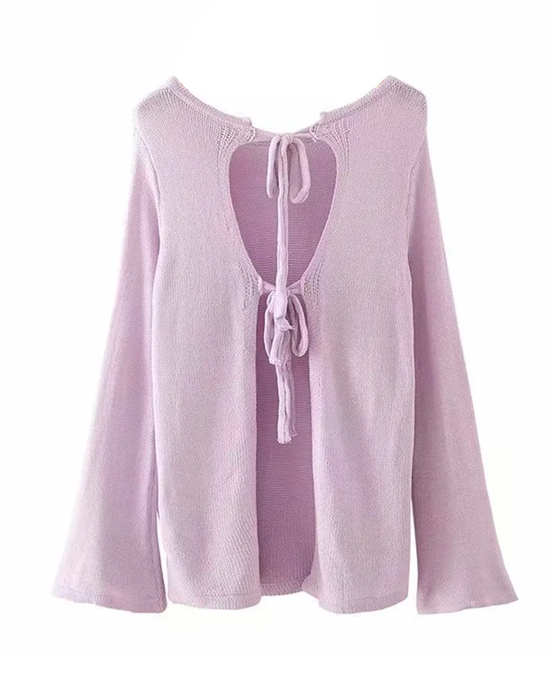 Flared Sleeves Tie Knitting Tops Shorts Two-piece Set