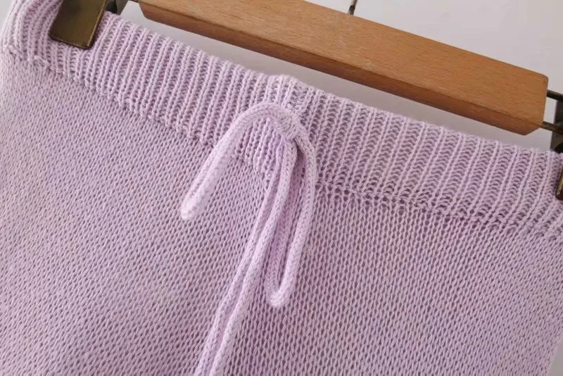 Flared Sleeves Tie Knitting Tops Shorts Two-piece Set
