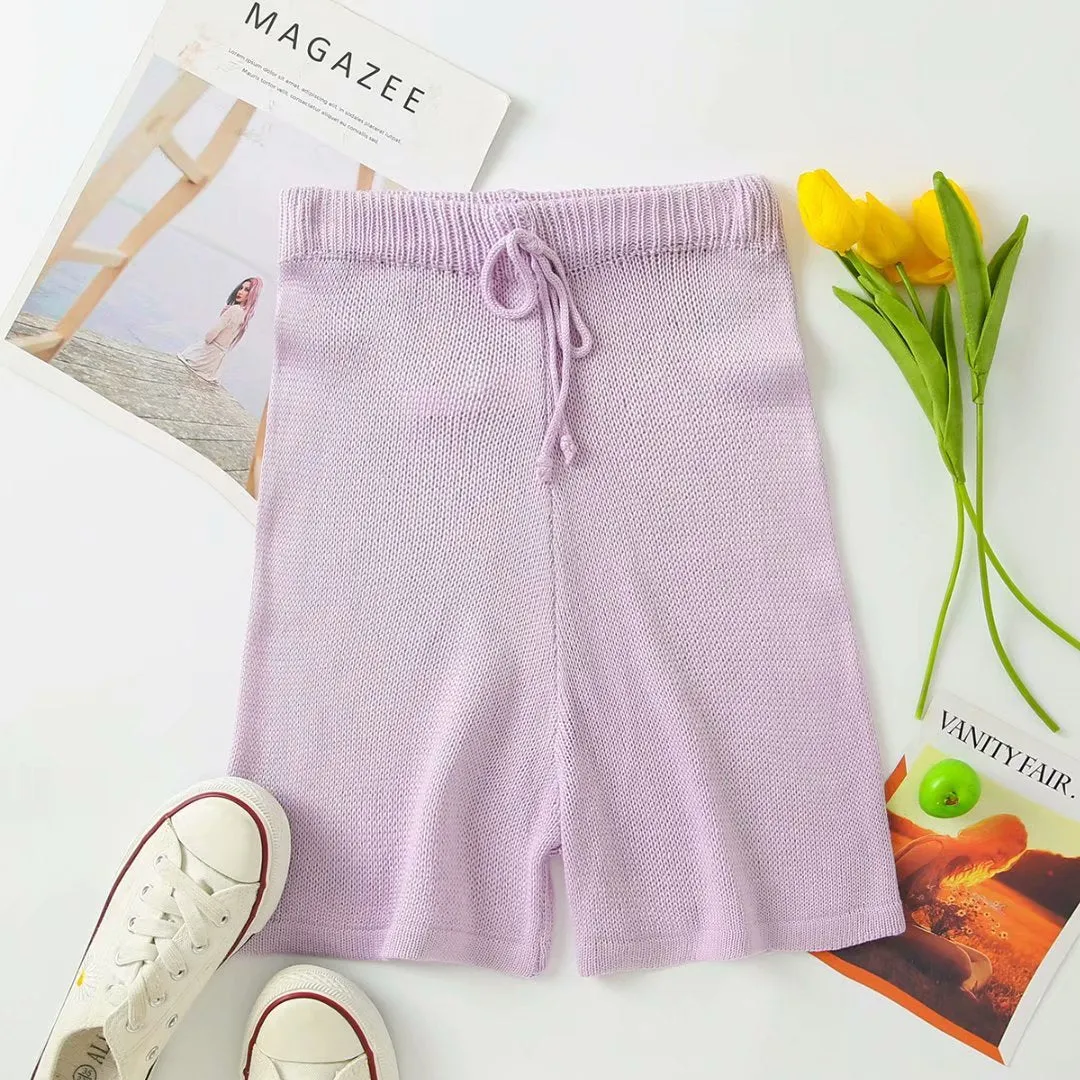 Flared Sleeves Tie Knitting Tops Shorts Two-piece Set