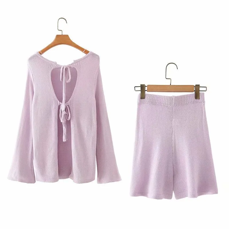 Flared Sleeves Tie Knitting Tops Shorts Two-piece Set