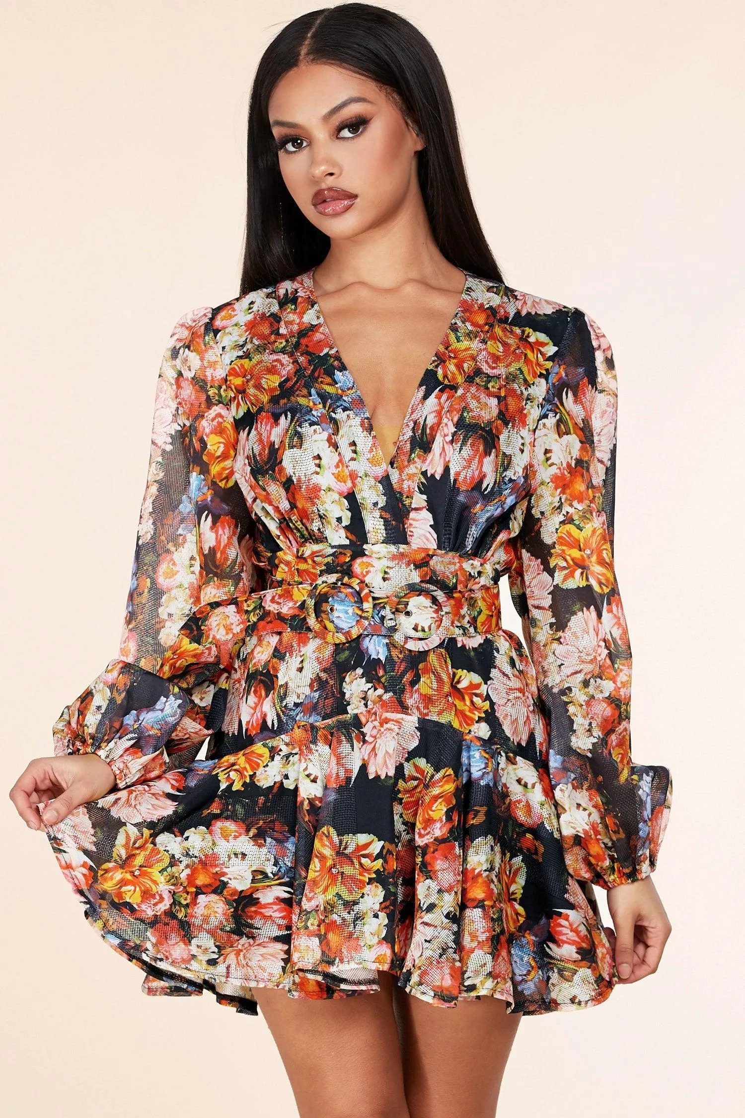 FLORAL PRINT V-NECKLINE MINI DRESS