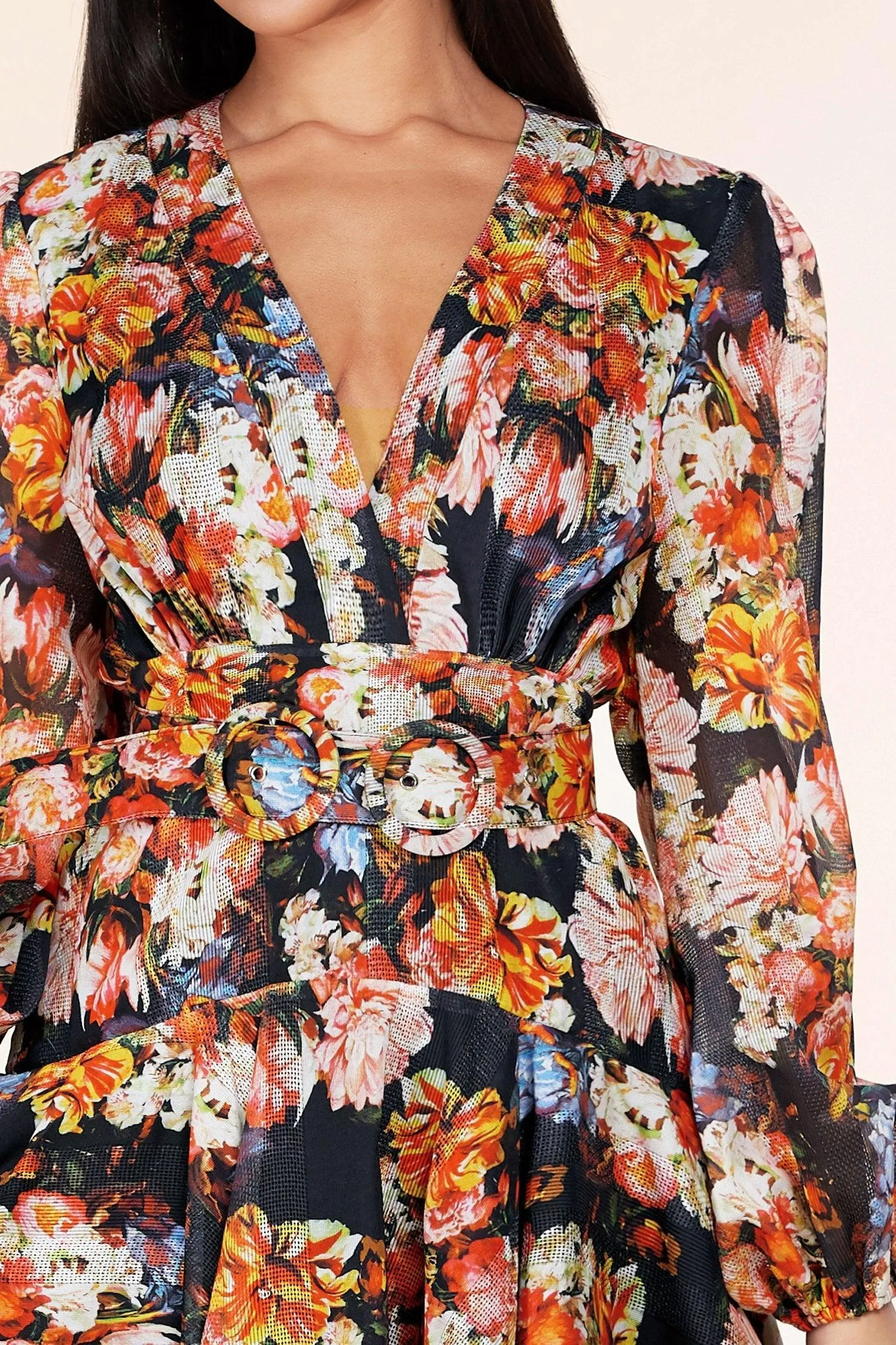 FLORAL PRINT V-NECKLINE MINI DRESS