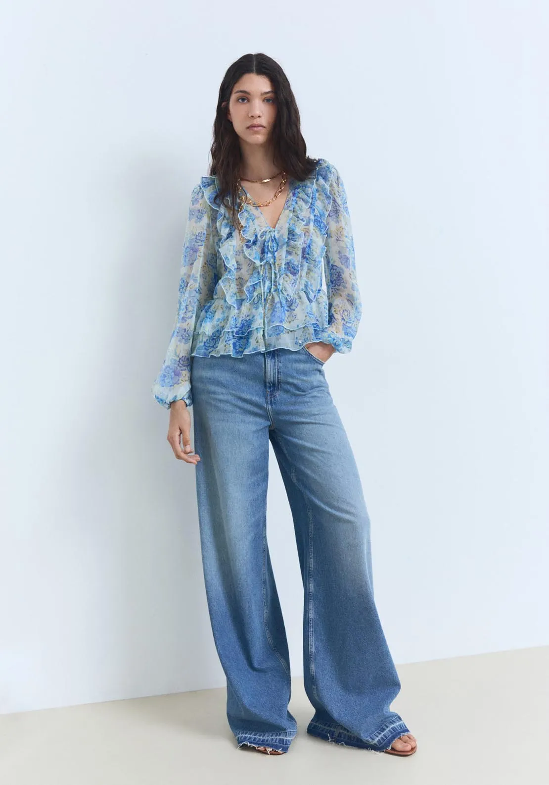 Floral Ruffled Blouse - Light/pastel Blue