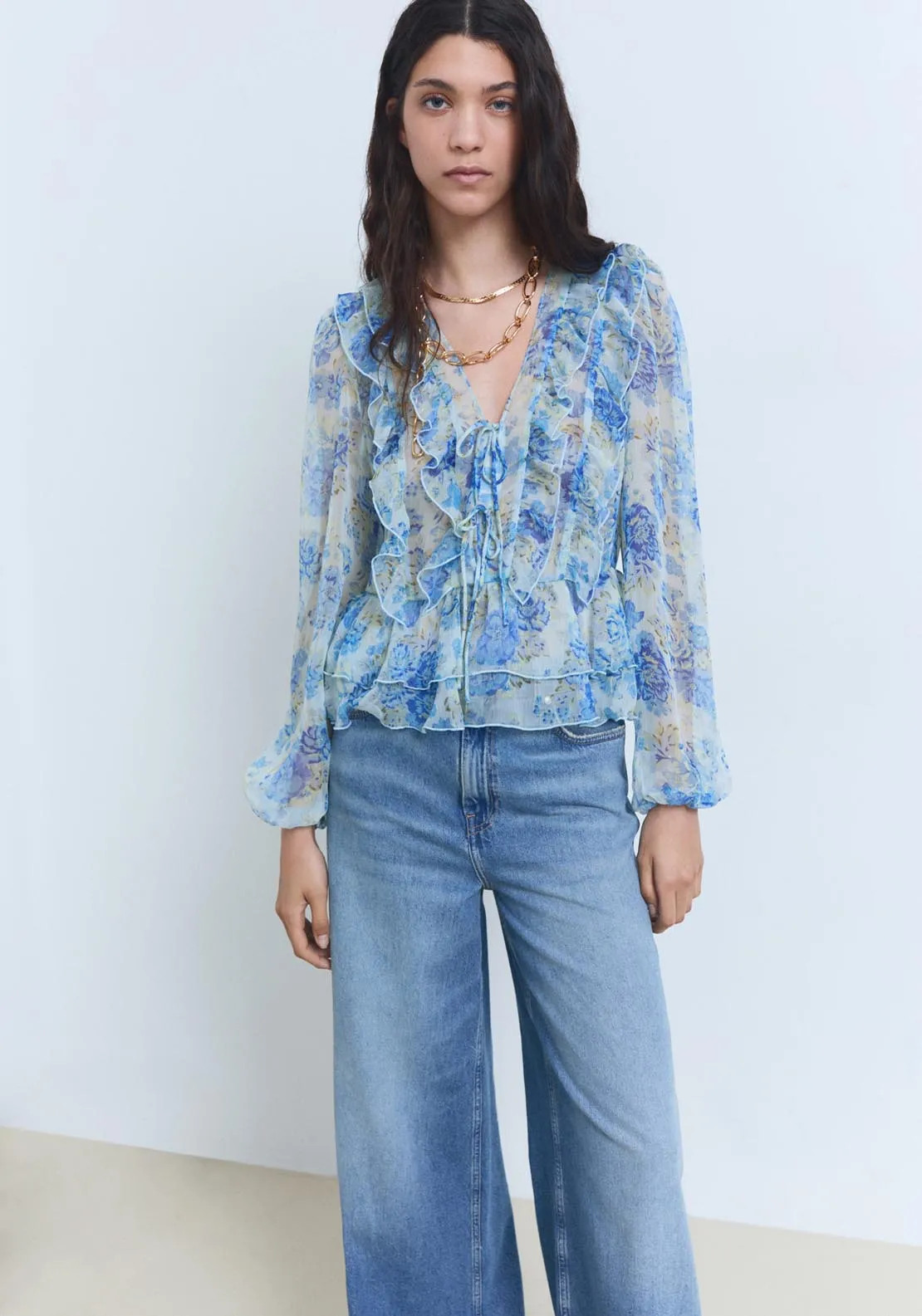 Floral Ruffled Blouse - Light/pastel Blue