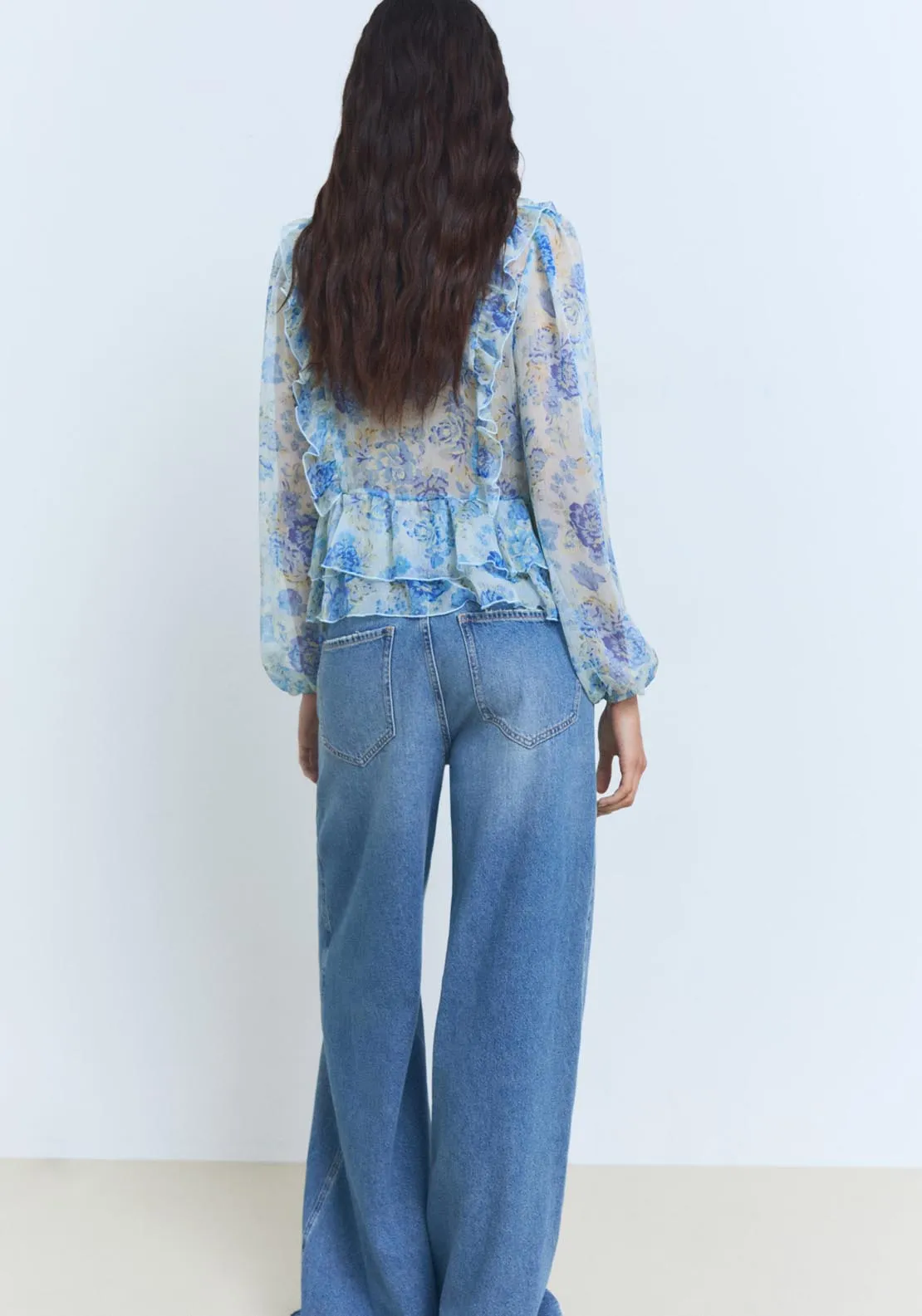 Floral Ruffled Blouse - Light/pastel Blue