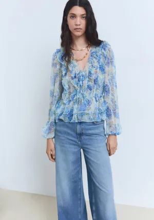 Floral Ruffled Blouse - Light/pastel Blue