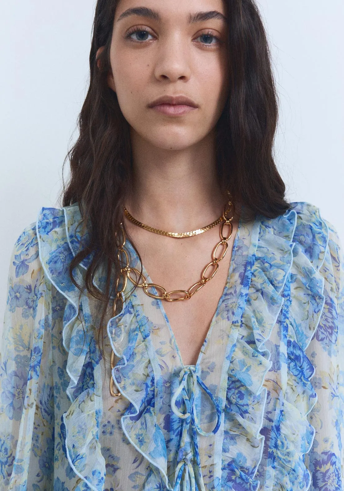 Floral Ruffled Blouse - Light/pastel Blue