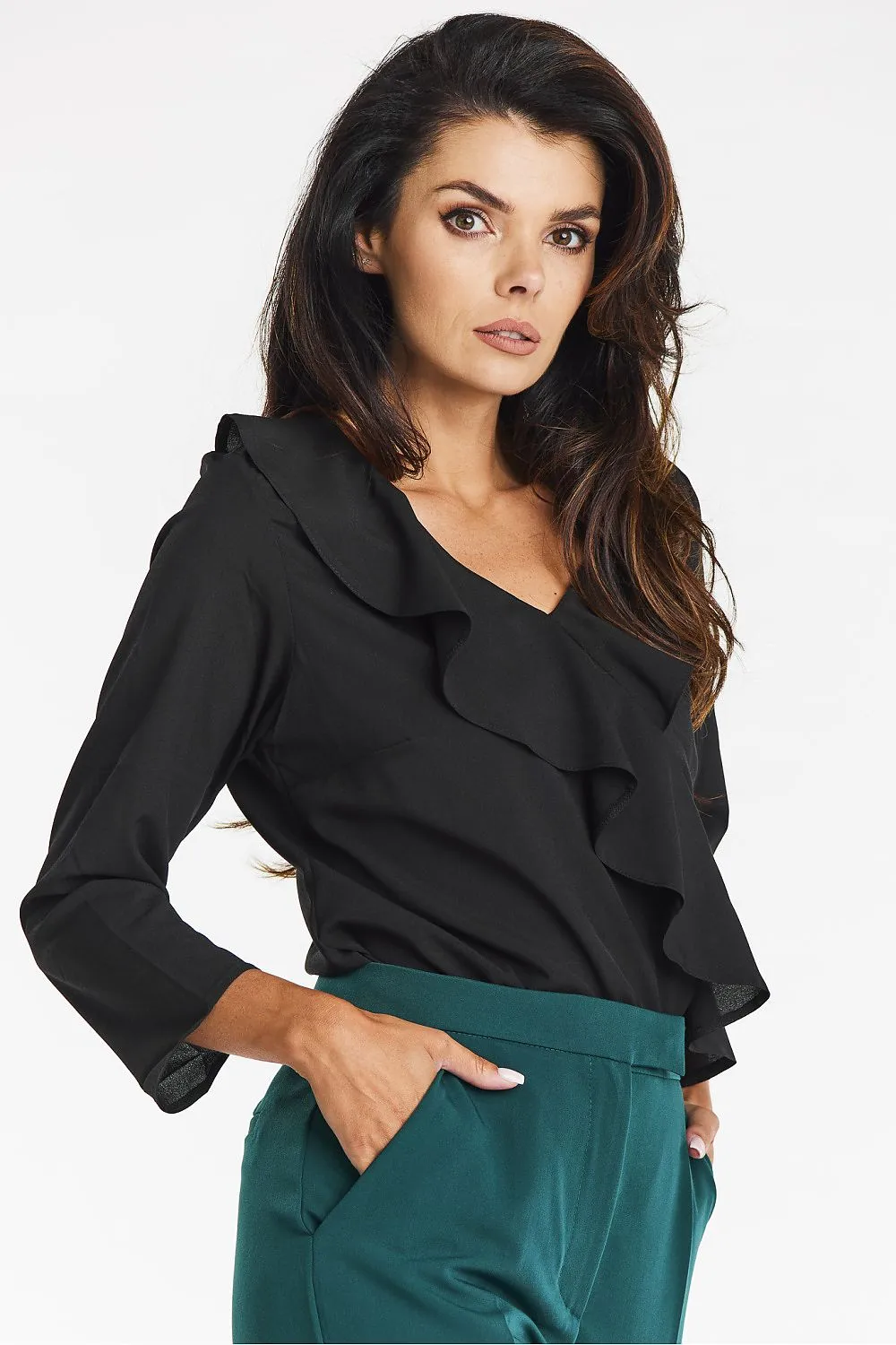 Frilled V-Neck Blouse with Ruffles