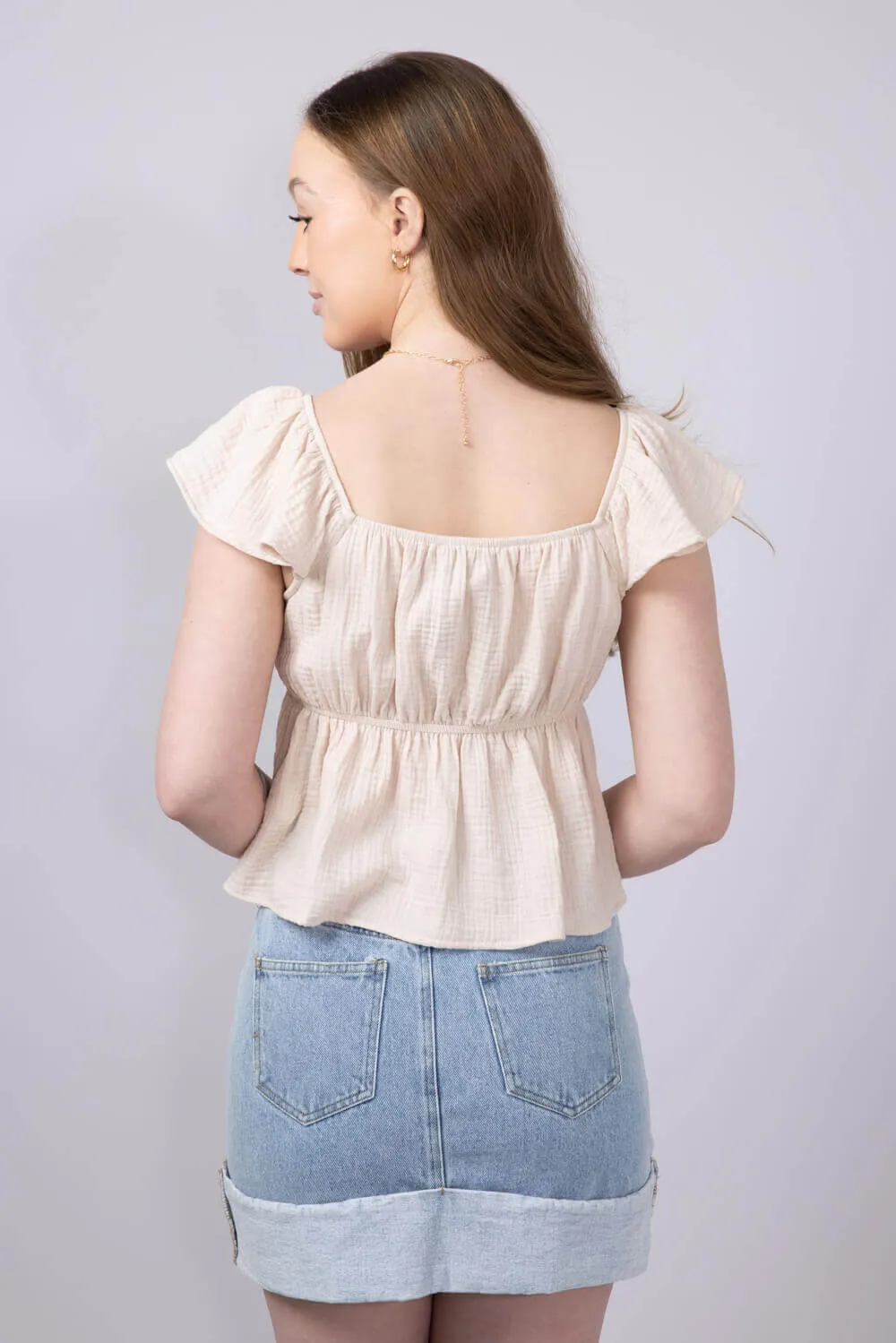 Front Ruched Tie Waist Gauze Top for Women in Natural | NT31187-NATURAL