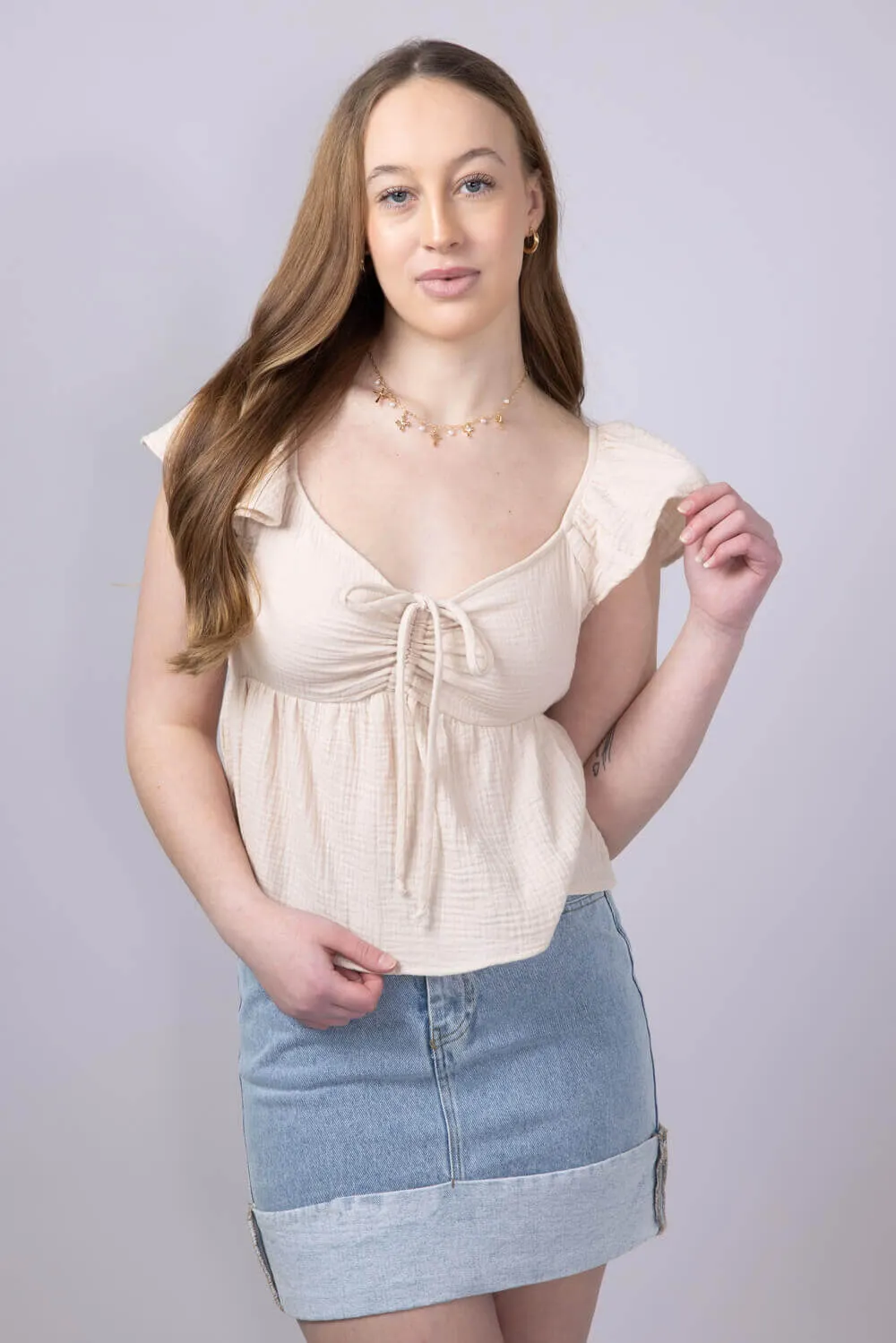 Front Ruched Tie Waist Gauze Top for Women in Natural | NT31187-NATURAL