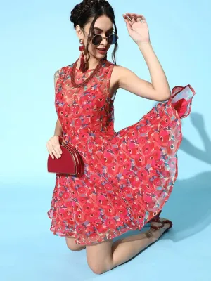 Fuchsia Floral Organza Sleeveless Skater Dress