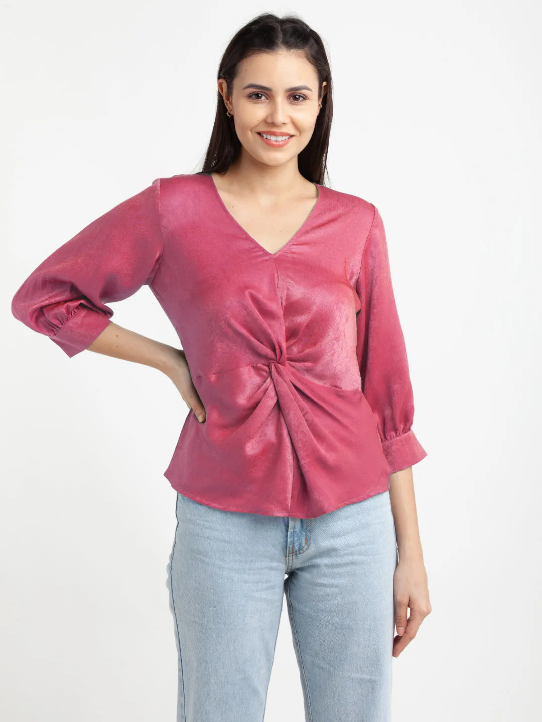 Fuschia Solid V-Neck Top