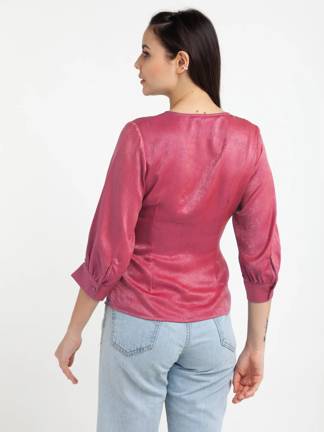 Fuschia Solid V-Neck Top
