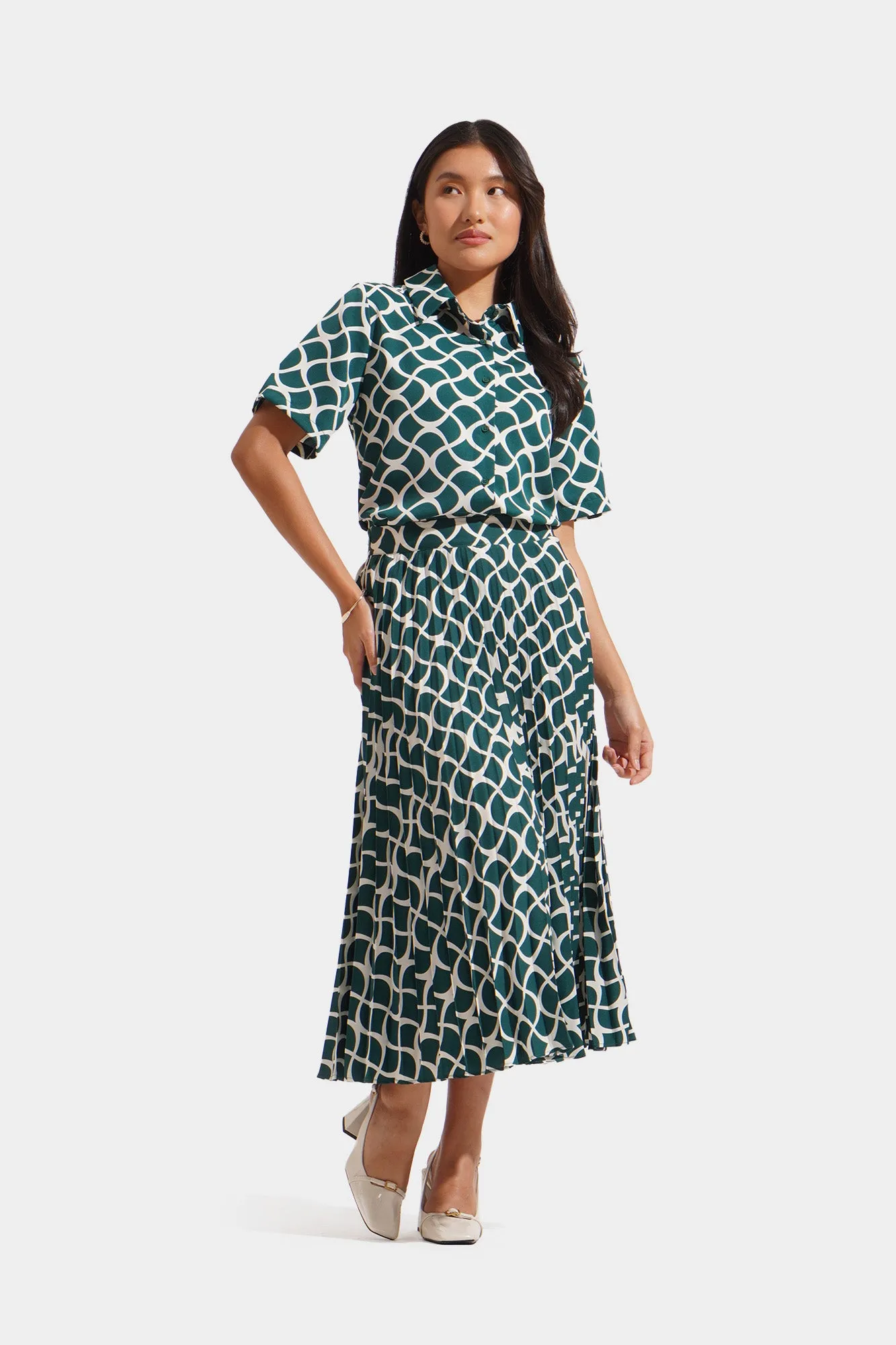 Geometric Print Pleated Midi Skirt