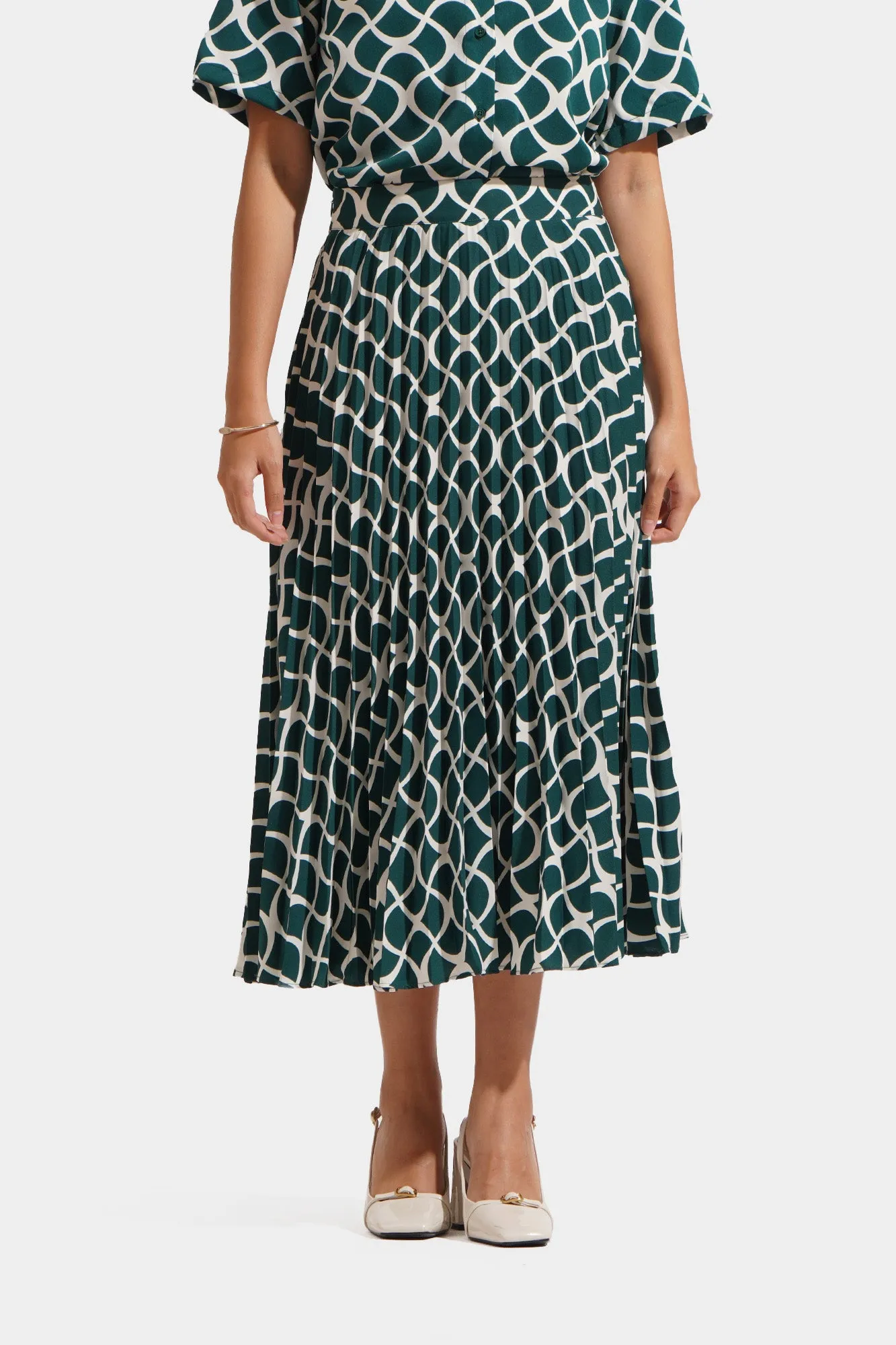 Geometric Print Pleated Midi Skirt