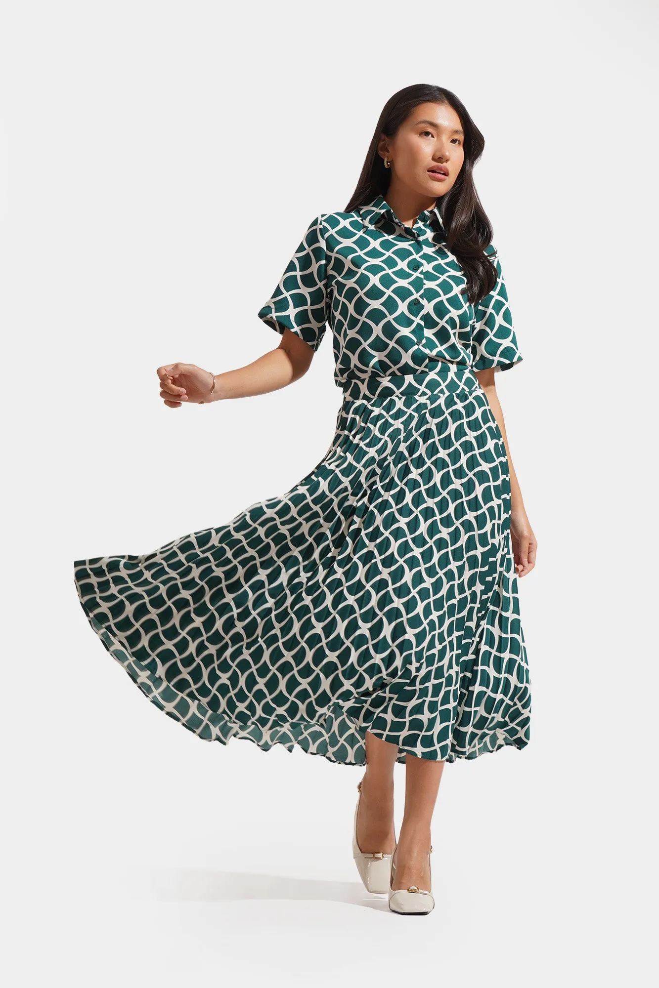 Geometric Print Pleated Midi Skirt
