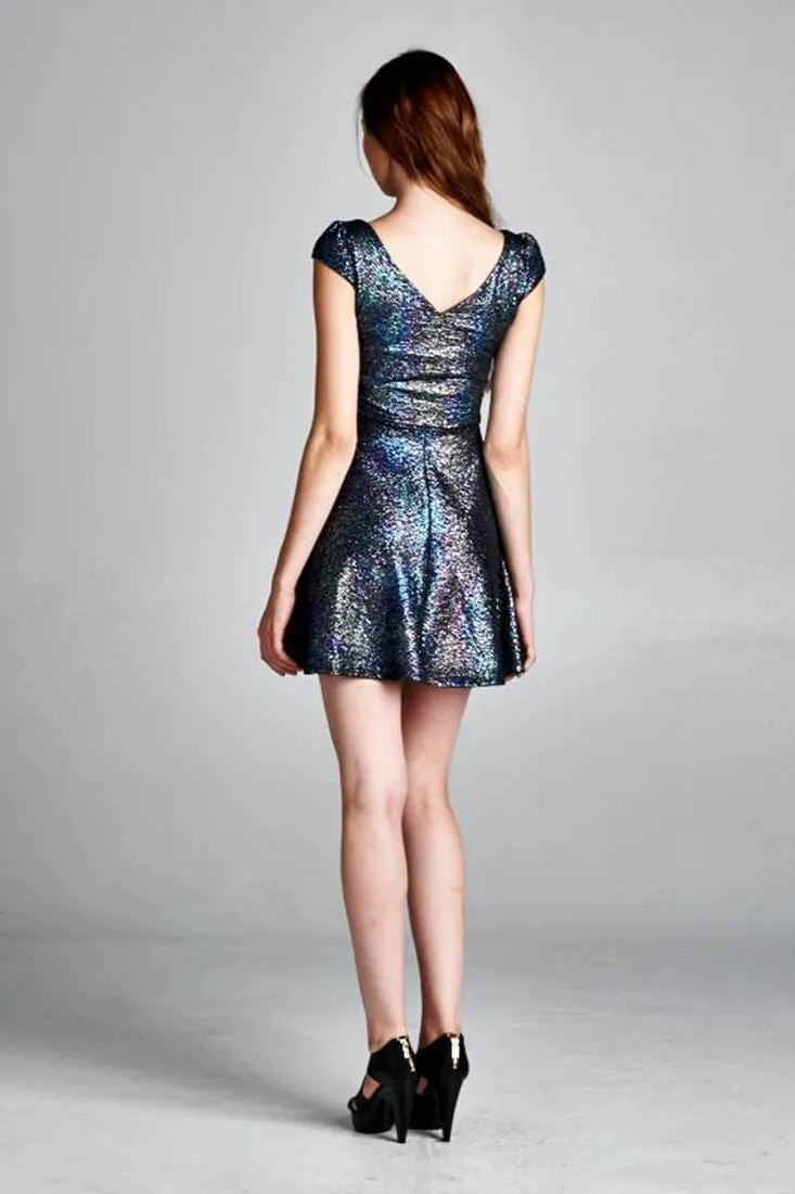 Glitter Party Skater Dress Rhinestone Neckline Blue
