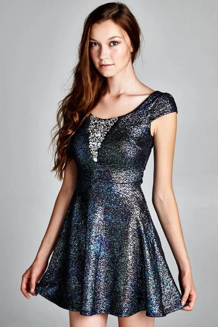 Glitter Party Skater Dress Rhinestone Neckline Blue