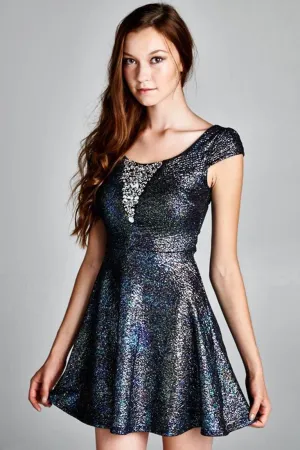 Glitter Party Skater Dress Rhinestone Neckline Blue