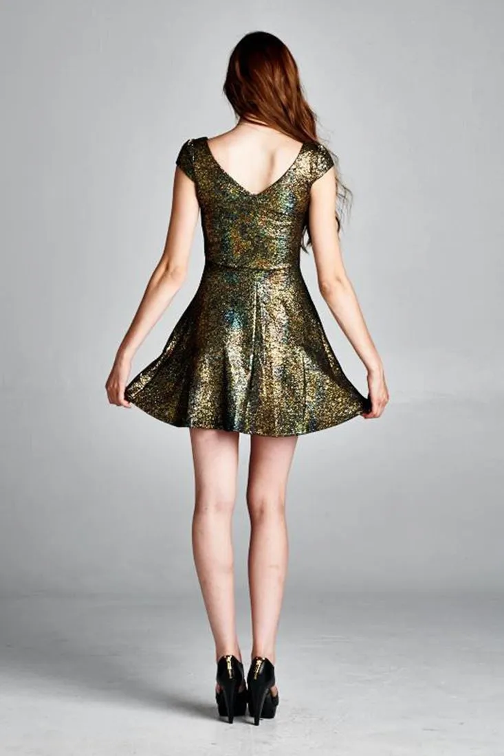 Glitter Party Skater Dress Rhinestone Neckline Gold