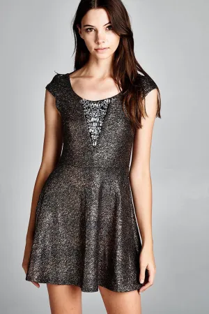 Glitter Party Skater Dress Rhinestone Neckline Rose Gold