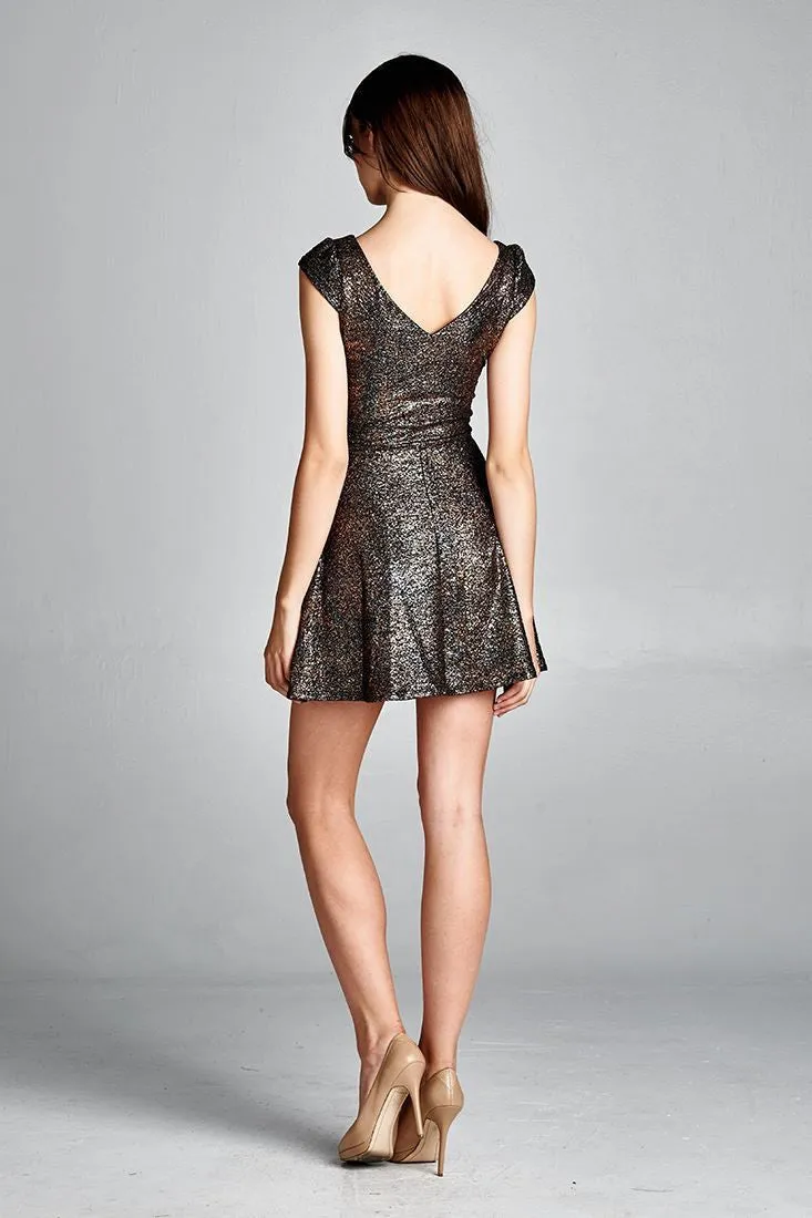 Glitter Party Skater Dress Rhinestone Neckline Rose Gold
