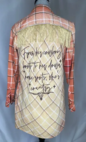 Gold fringe "From her cowboy roots" Womens Long Flannel