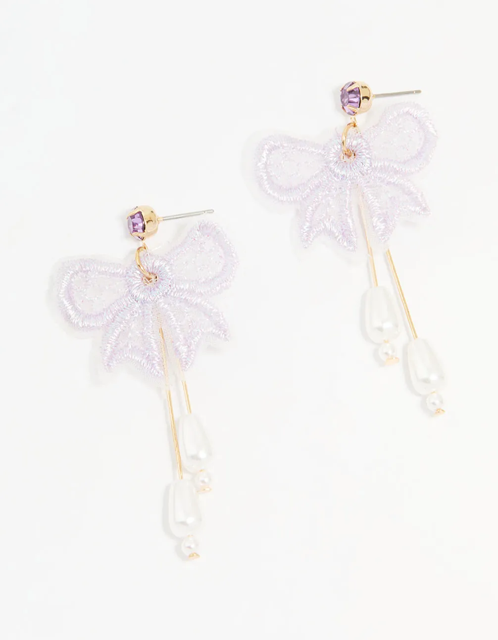 Gold Pearl Mesh Bow Drop Earrings