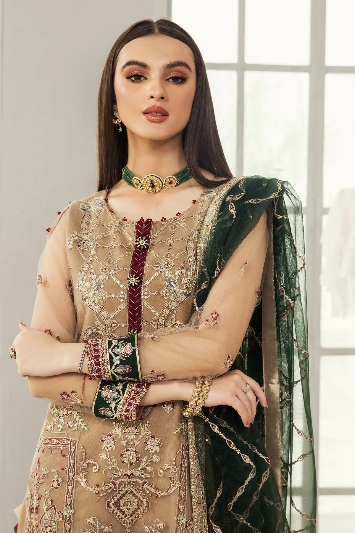 Golden Embroidered Pakistani Kameez Dupatta Wedding Dress