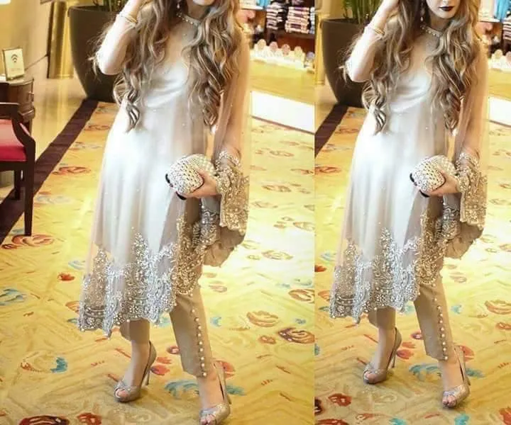Gray shimry party dress on net cloth with cut work nagh and pearls work Model#P 31