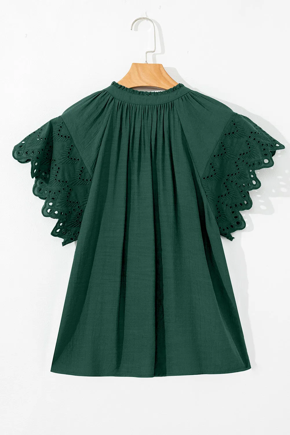 Green Bay Eyelet Embroidered Sleeve Tie V Neck Blouse