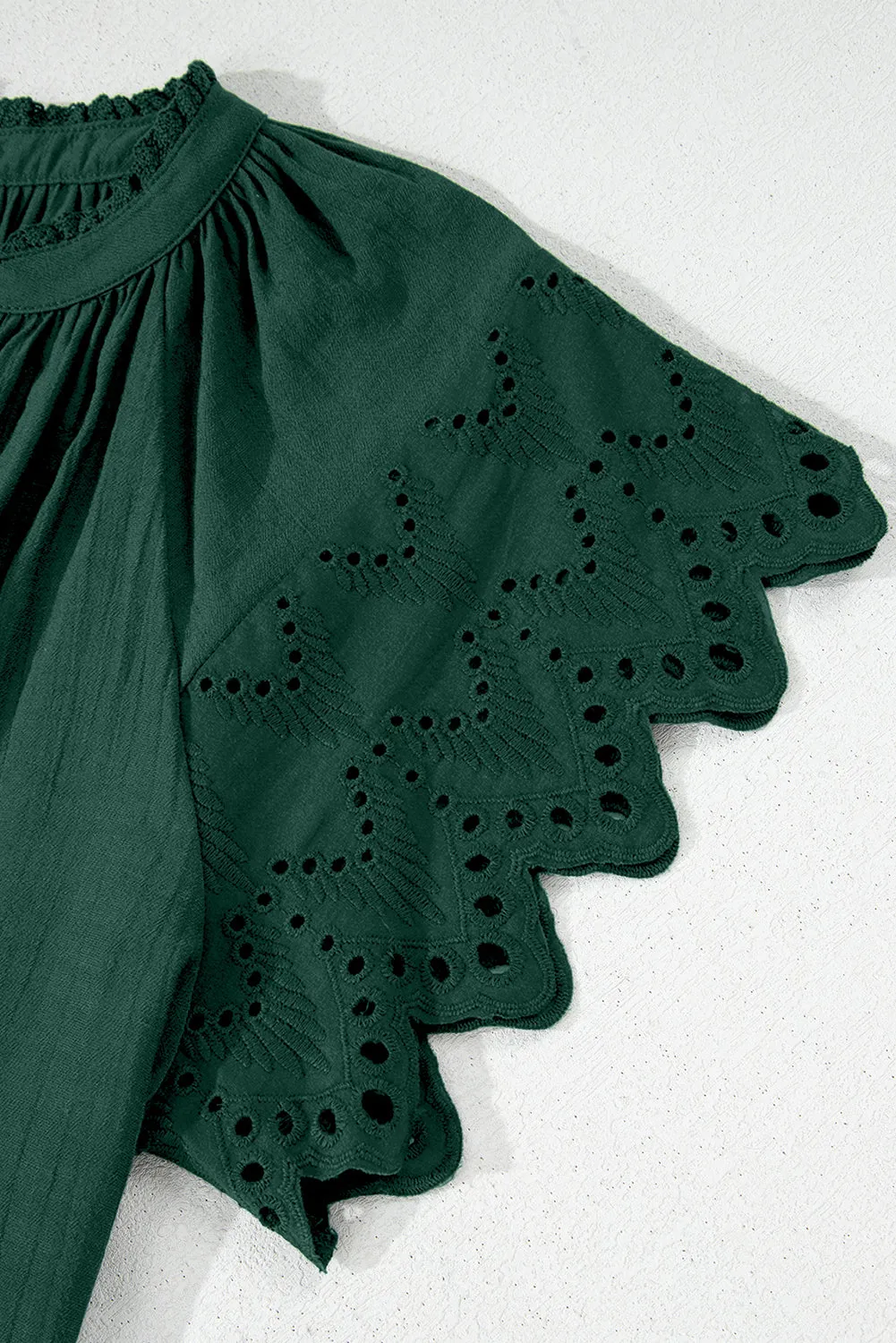 Green Bay Eyelet Embroidered Sleeve Tie V Neck Blouse