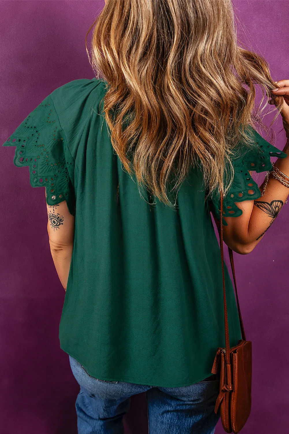 Green Bay Eyelet Embroidered Sleeve Tie V Neck Blouse