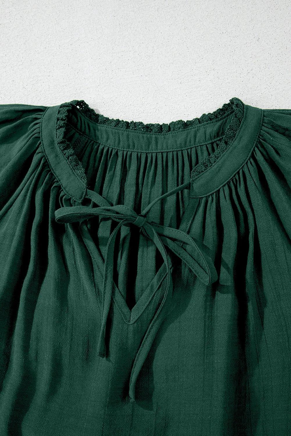 Green Bay Eyelet Embroidered Sleeve Tie V Neck Blouse