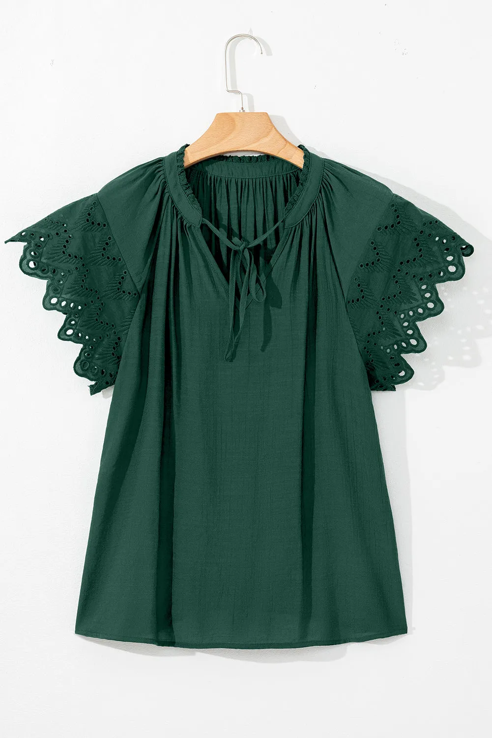 Green Bay Eyelet Embroidered Sleeve Tie V Neck Blouse