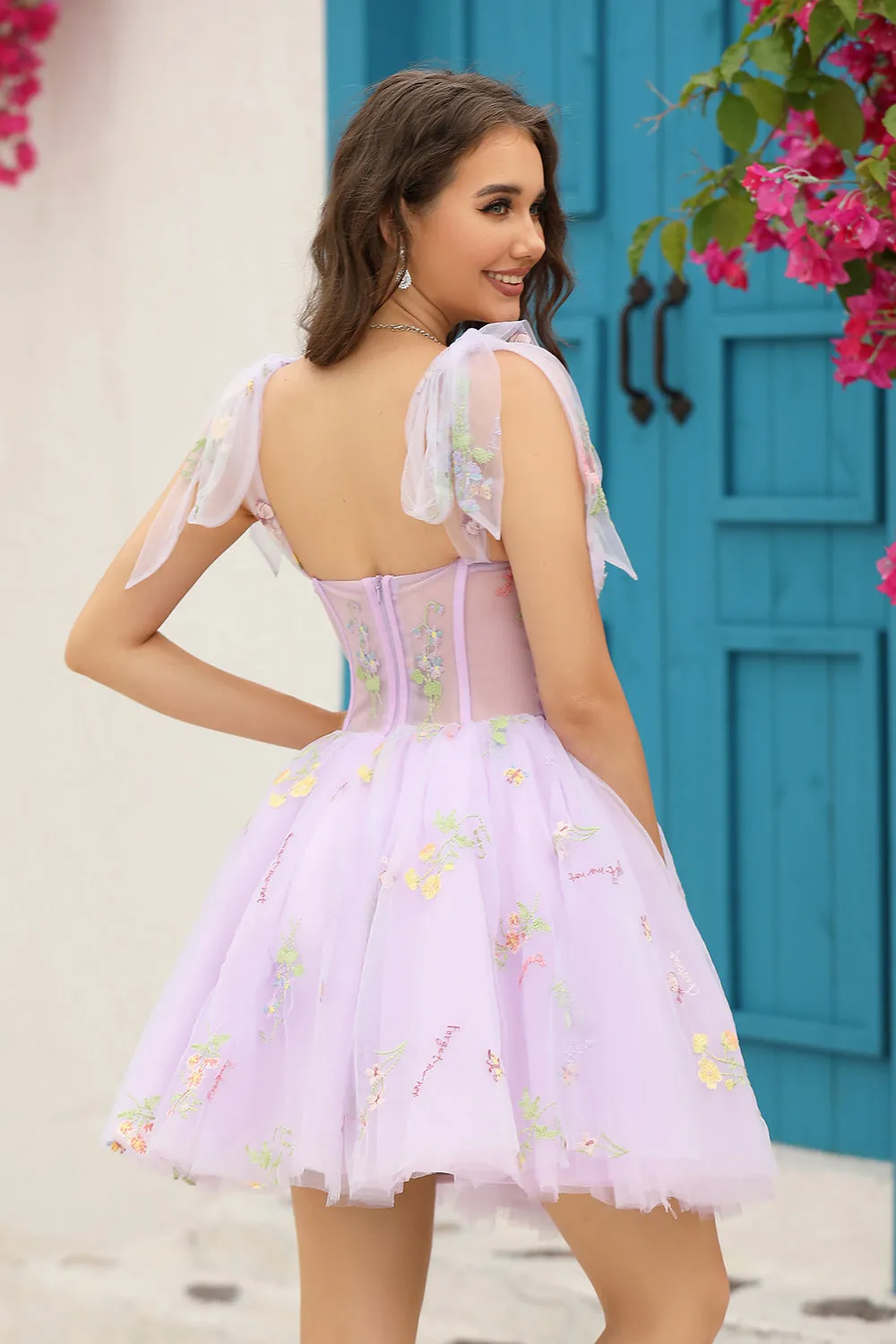 Grey Blue A Line Spaghetti Straps Short Homecoming Dress with Embroidery