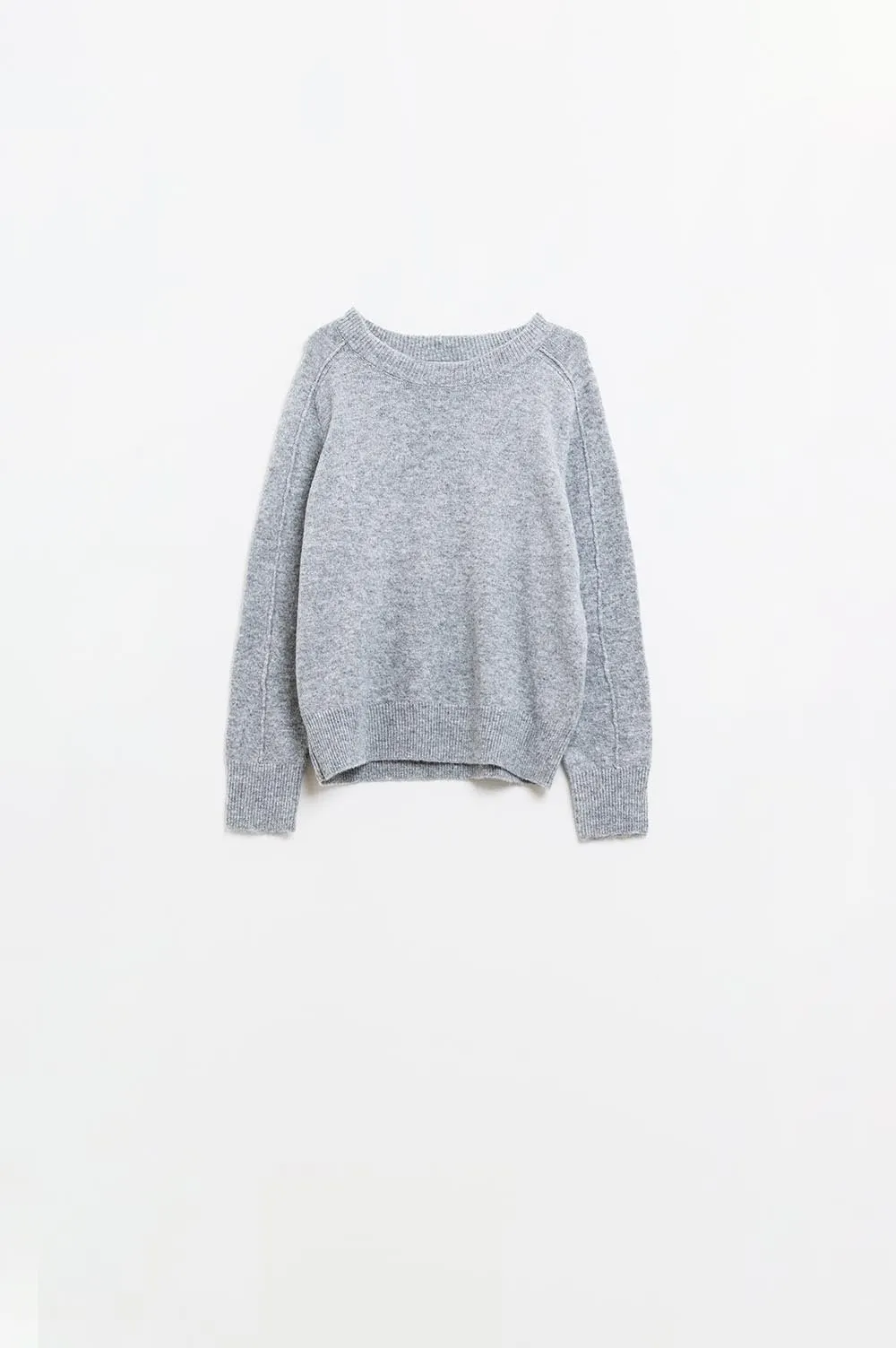 Grey crew neck sweater with seam detail on sleeve