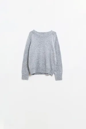 Grey crew neck sweater with seam detail on sleeve