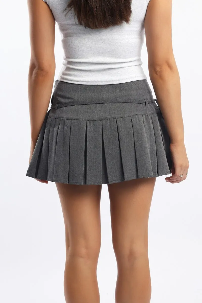 Grey Pleated Skort High Rise Bow Detail Tennis Mini