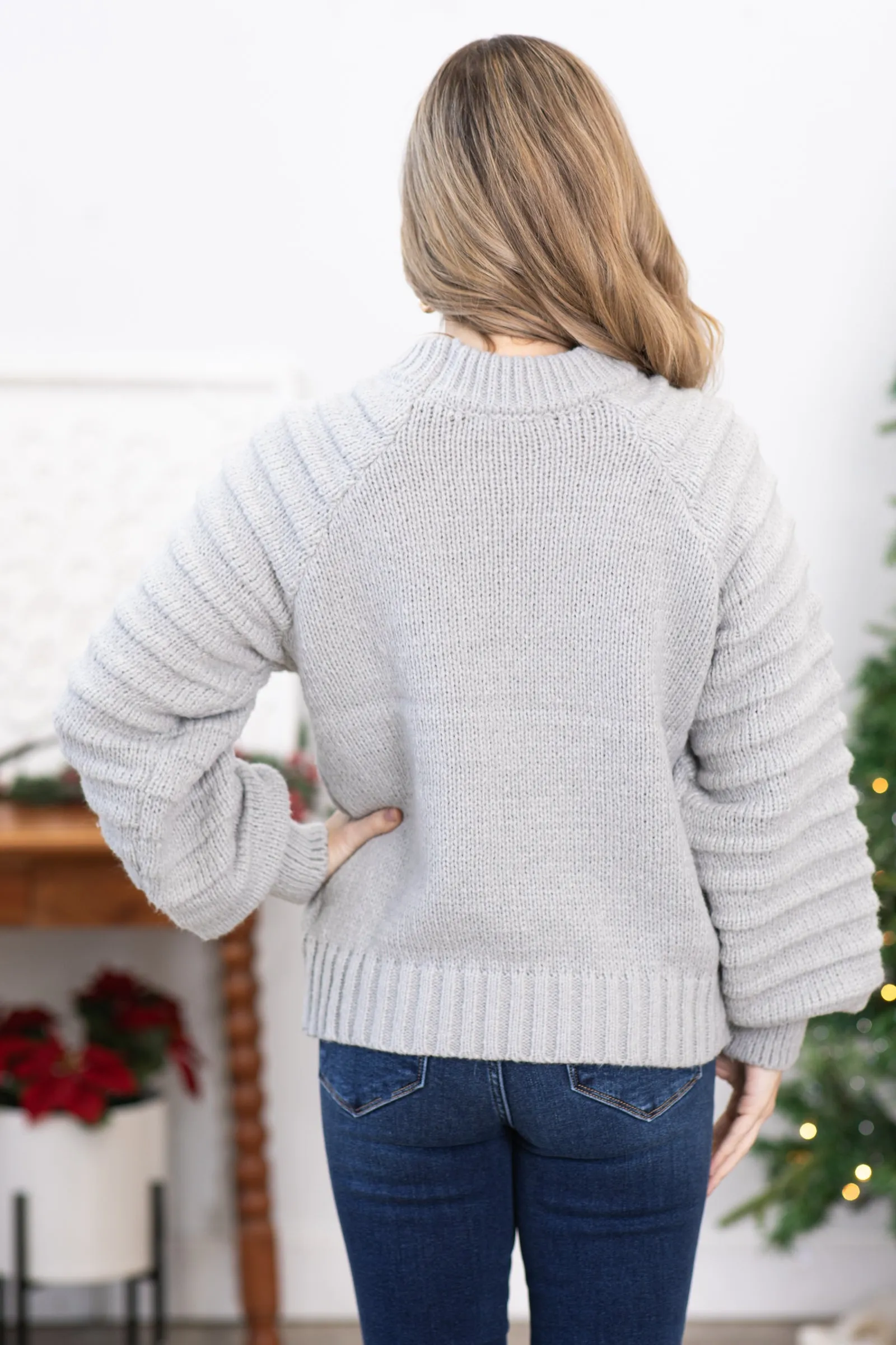 Grey Textured Sleeve Round Neck Sweater