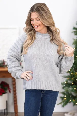 Grey Textured Sleeve Round Neck Sweater