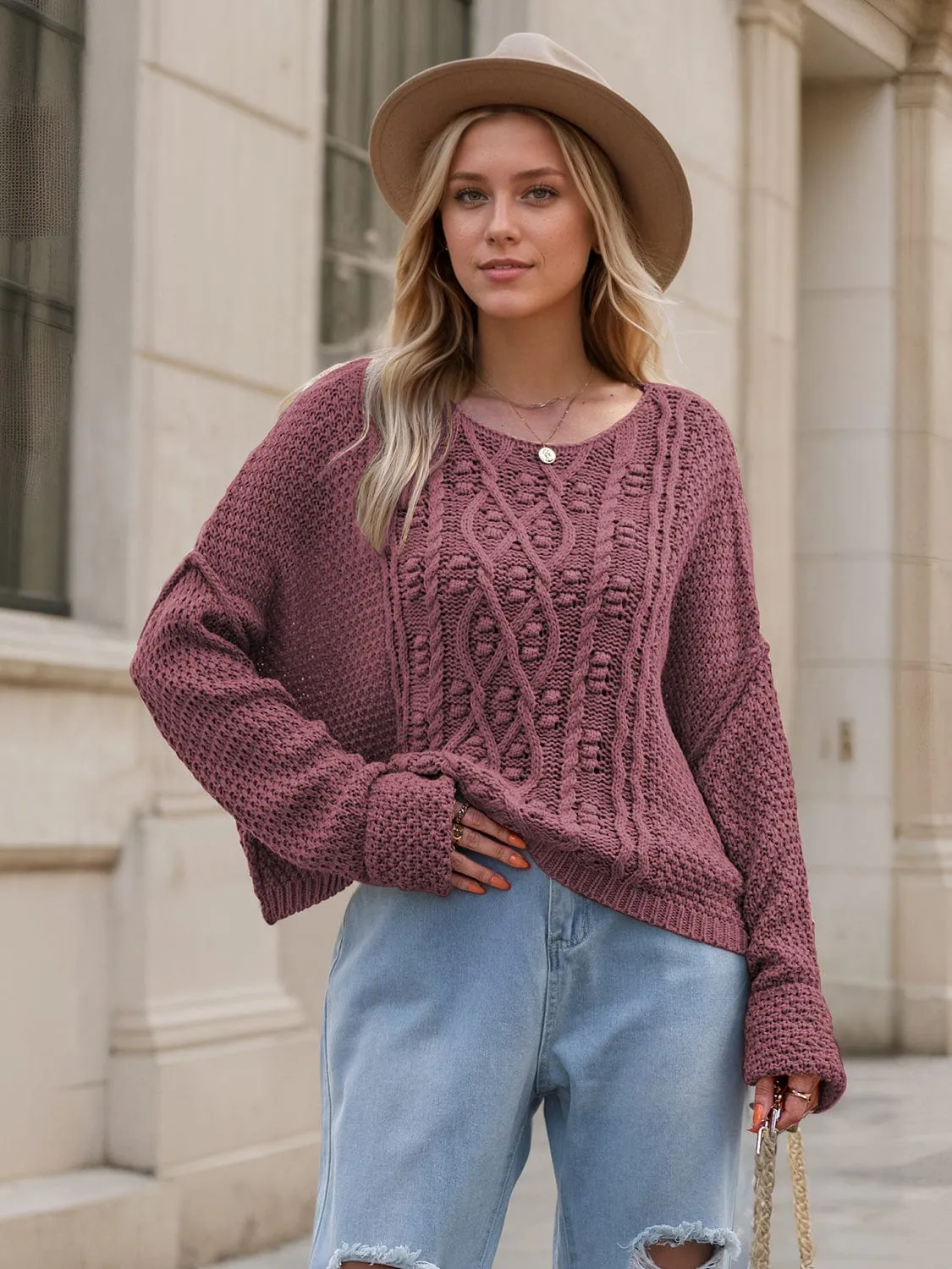 GYPSY-Round Neck Textured Long Sleeve Sweater