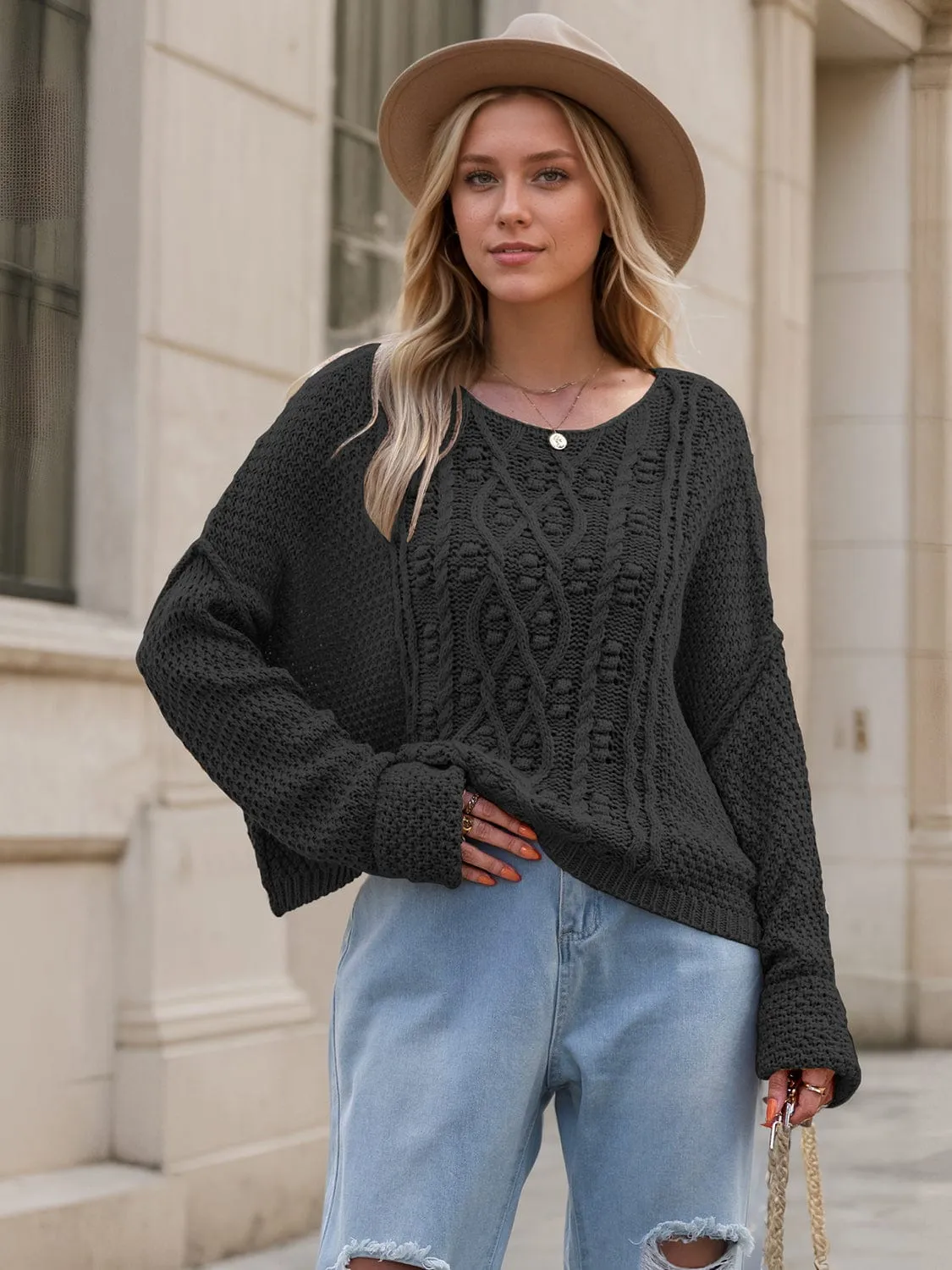 GYPSY-Round Neck Textured Long Sleeve Sweater