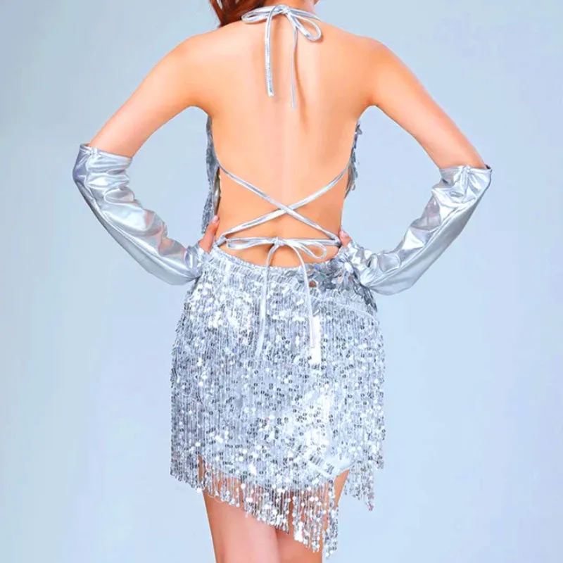 Halter V Neck Bodycon Tassel Sequin Mini Dress - Silver