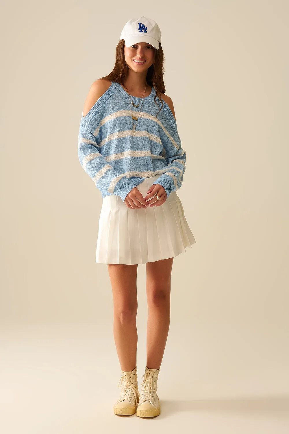 Heather Sweater With Open Shoulders and Horizontal Stripes in Blue