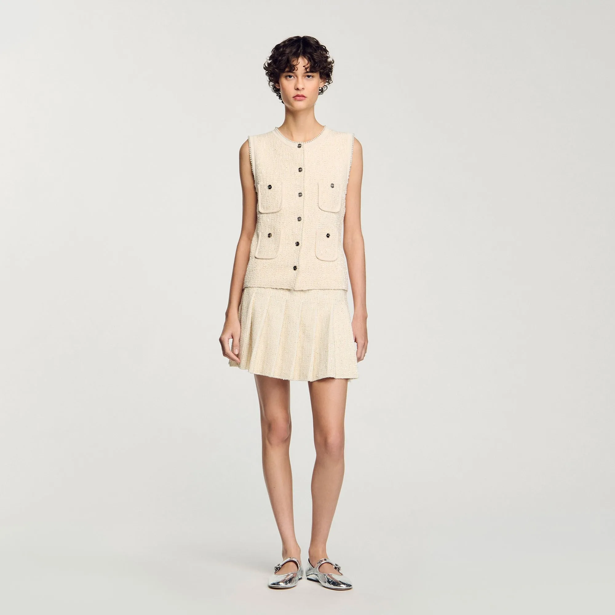 Henriette Short Tweed Pleated Skirt Ecru