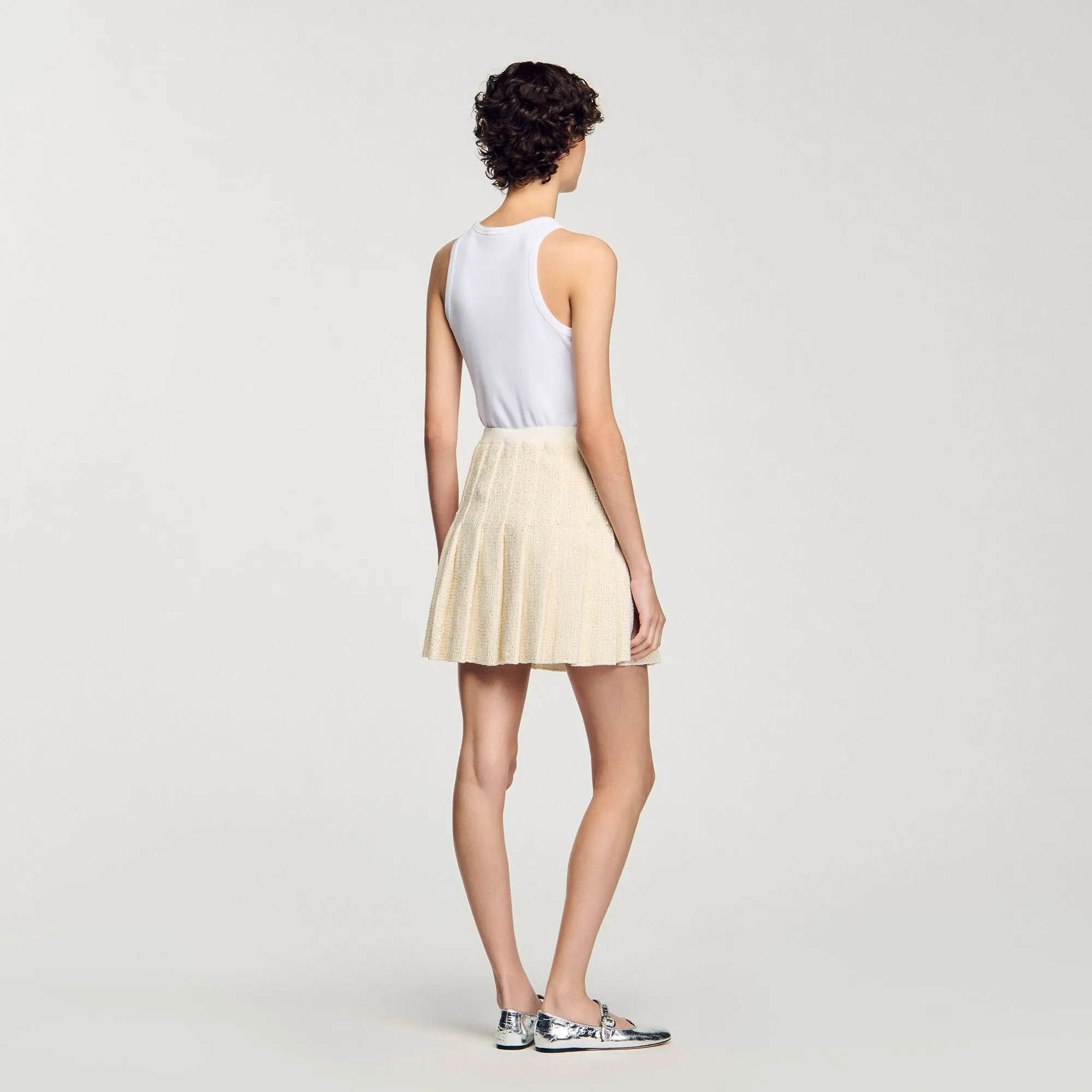 Henriette Short Tweed Pleated Skirt Ecru